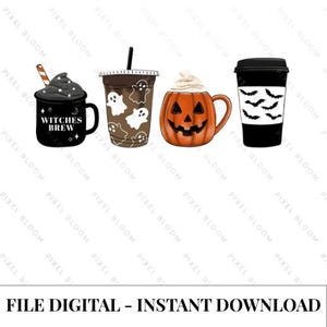 May include: A digital illustration featuring four Halloween-themed beverage containers: a black mug labeled Witches Brew with a striped straw, a brown iced coffee cup with white ghost patterns, an orange pumpkin-shaped mug, and a black coffee cup with bats.