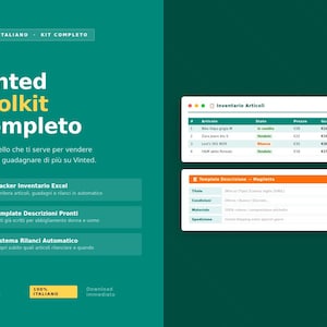 Könnte beinhalten: Ein digitales Toolkit für Vinted mit dunkelgrünem Hintergrund und weißem Text. Es enthält einen Excel-Inventar-Tracker, Beschreibungsvorlagen und ein automatisches Relisting-System. Die Benutzeroberfläche zeigt Tabellen zur Artikelverfolgung.