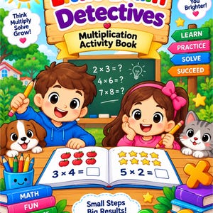 May include: A colorful multiplication activity book titled Little Brain Detectives featuring a cartoon boy and girl at a desk with a dog and cat. The cover displays math equations, a chalkboard, stacks of books labeled Math, Fun, Confidence, Bright Future, and the text Small Steps Big Results and Math Makes You Brighter.