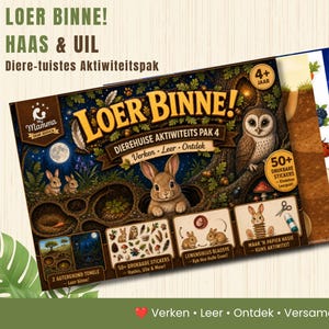Puede incluir: Un paquete de actividades imprimible titulado LOER BINNE! con ilustraciones de un conejo y un búho en un entorno forestal. El paquete incluye más de 50 pegatinas, hojas de actividades y escenas de fondo para niños, con texto en afrikáans.
