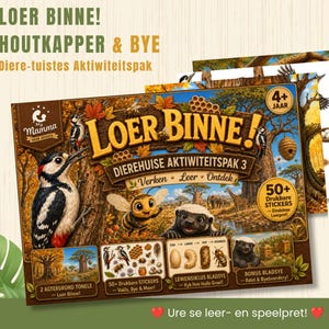 Puede incluir: Un paquete de actividades digital titulado LOER BINNE! HOUTKAPPER & BYE con ilustraciones de un pájaro carpintero, una abeja y un tejón melero. El kit incluye más de 50 pegatinas imprimibles, hojas de actividades y contenido educativo sobre ciclos de vida y hábitats animales para niños de 4 años en adelante.