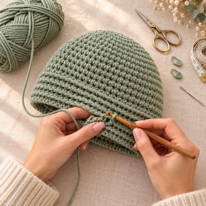 May include: A sage green crocheted beanie in progress, worked with a wooden crochet hook. The project includes a matching ball of yarn, vintage-style gold scissors, a measuring tape, two stitch markers, and a metal tapestry needle.