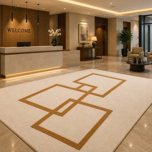 May include: A large rectangular area rug featuring a cream-coloured base with a geometric pattern of interconnected brown squares. The rug is positioned in a hotel lobby with a stone reception desk, wood panelling, and the word WELCOME on the wall.