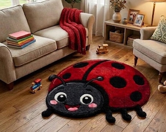 Cute Ladybug Hand Tufted Wool Rug – Kids Room and Nursery Decor Rug, Red Black Accent Floor Mat, Baby custom size , 3x5 4x6 5x7