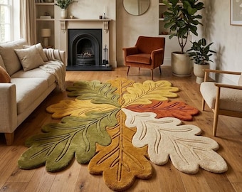 Hand Tufted Oak Leaf Rug, Autumn Leaf Area Rug, Botanical Rug, Nature Inspired Rug, Fall Decor, Cozy Living Room Rug & custom size 5x8 7x10.
