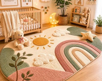Rainbow Nursery Rug, Sun & Cloud Wool Area Rug, Kids Room Decor, Boho Playroom And Handmade Soft Custom Size Rug, 4x6 5x7 6x9 8x10 Area Rug.
