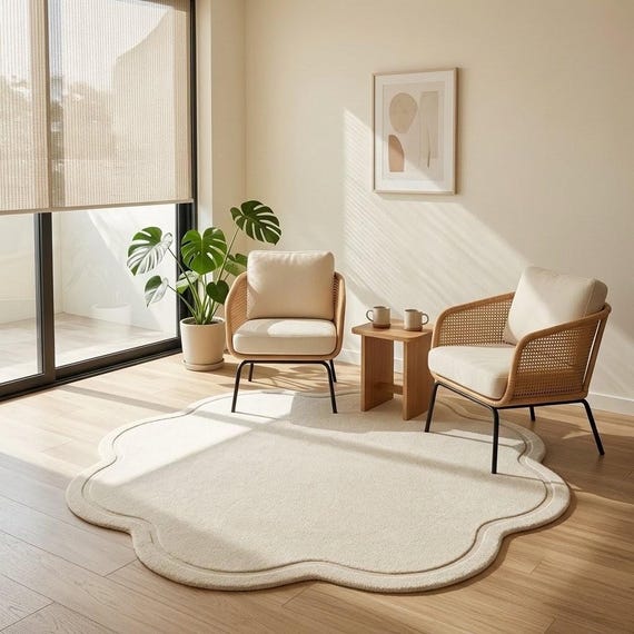 Scalloped Cream Area Rug, Neutral Flower Shaped Rug, Soft Minimalist Carpet, Modern Bedroom Rug, Nursery Rug, Cozy Living Room Area Rug 9x9.