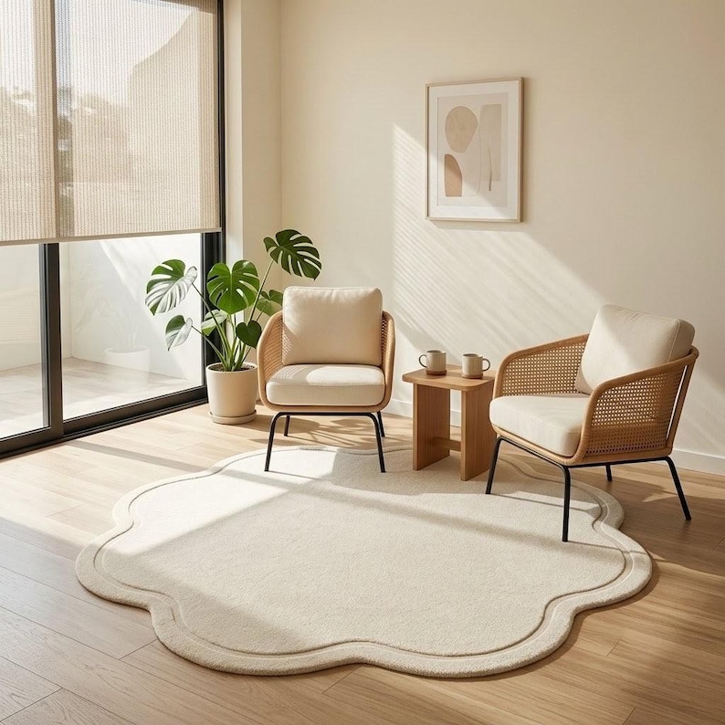 Cream scalloped flower-shaped area rug styled in a modern living room, creating a soft neutral and cozy home décor look. 🤍🏡