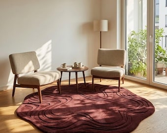 Burgundy Abstract Wave Rug,Hand Tufted Irregular Area Rug, Modern Organic Shag Rug, Boho Living Room Bedroom Home Decor Custom Size 6x6 8x8.