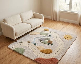 Road Map Nursery Rug, Mountain Adventure Area Rug, Soft Tufted Play Mat, Montessori Kids Room Decor, custom size 5x5 6x6 7x7.