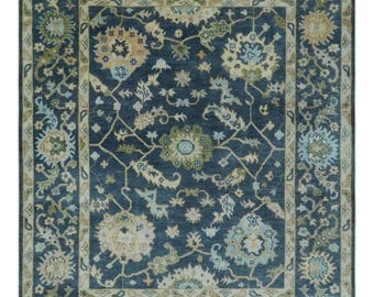 Handmade Persian Style Wool Rug, Vintage Floral Area Rug, Blue Beige Oriental Carpet, Traditional Living Room Bedroom Decor custom size 9x12
