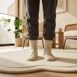 May include: A pair of cream-colored cable knit socks with a ribbed cuff, worn with dark gray sweatpants. The socks feature a vertical braided pattern running down the center and are made of a thick, textured knit fabric that covers the feet.