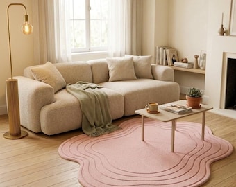 Pink Wavy Area Rug, Hand Tufted Wool Rug, Organic Modern Abstract Rug, Blush Pink Living Room Decor, Custom Size Available 5x7 8x10 9x12.