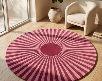 Round Burgundy Pink Sunburst Rug, Hand Tufted Wool Area Rug, Retro Modern Circle Carpet, Boho Living Room Decor, Statement Floor Art 8x8