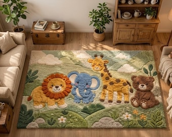 Handmade Tufted Safari Animal Rug, Jungle Nursery Decor, Lion Elephant Giraffe Bear Carpet