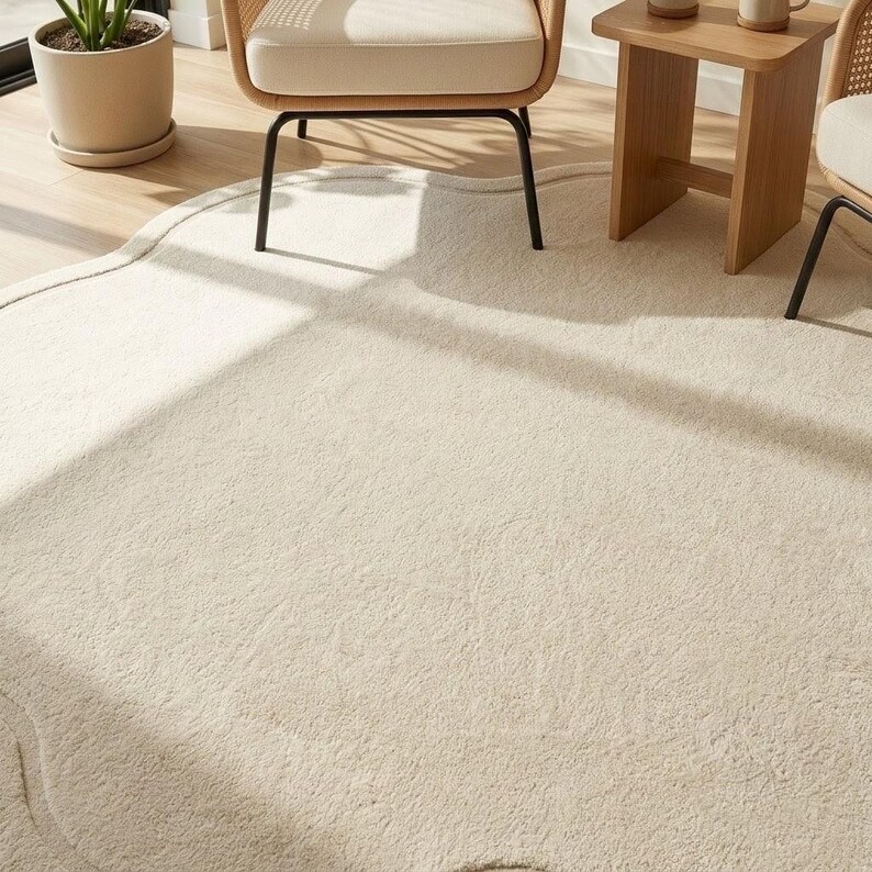 May include: A large, cream-colored area rug with a soft, textured surface and a distinctively curved, organic scalloped edge. The rug features a solid, neutral tone and covers a significant portion of the floor space, providing a plush foundation.