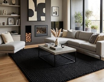 Black Textured Handwoven Rug, Modern Minimalist Floor Carpet, Soft Geometric Accent Rug for Living Room, Bedroom & Home Decor 8x10 area rug.