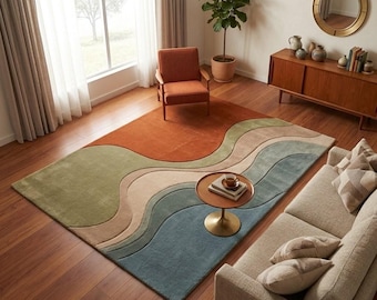 Contemporary Wave Design Wool Area Rug, luxury Living Room Rug, Bedroom Home Decor, Custom Size wool Rug, 4x6 5x7 6x9 8x10 wool Area Rug.