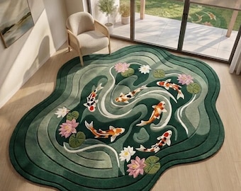Koi Fish Pond Rug, Hand Tufted Wool Area Rug, Japanese Water Lily Carp, Zen Home Decor, Nature Statement Rug, Custom Size 5x8 7x10 8x10.