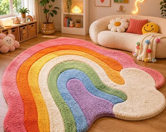 Rainbow Hand Tufted Wool Rug – Colorful Abstract Kids Room Rug, Modern Irregular Shape Area Rug, Nursery Decor 4x6 5x7 6x9.