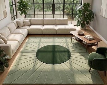 Sunburst Rug Hand Tufted Wool Area Rug Green Black Geometric Modern Abstract Statement Floor Decor Living Room Bedroom Custom Size Boho Home