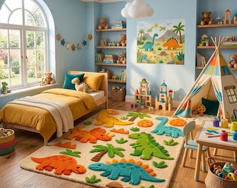 Dinosaur Rug for Kids Room, Cute Jurassic Park Playroom Rug, Hand Tufted Dino Nursery Carpet, Boys Bedroom Decor, Safari Floor Mat 6x9 8x10