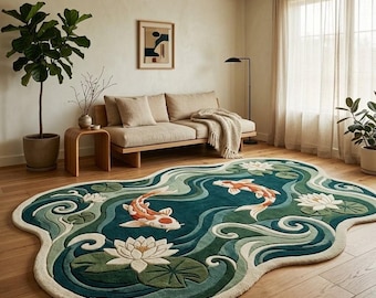Japanese Koi Fish Rug, Hand Tufted Wool Area Rug, Lotus Pond Decor, Water Wave, Zen Home, Meditation Room, Gift,Custom Size, 5x8 8x10 7x10.