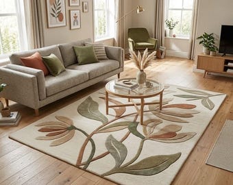 Floral Area Rug, Modern Botanical Wool Rug, Beige Green Terracotta Rug, Living Room Bedroom Decor, Hanamade Costom Size Rug,  5x7 6x9 8x10.