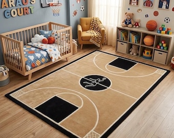 Basketball Court Rug, Hand Tufted Wool, Sports Area Rug, Black Beige, Hoop Decor, Man Cave, Teen Room, Game Room, Gym Gift, Custom Size 8x10