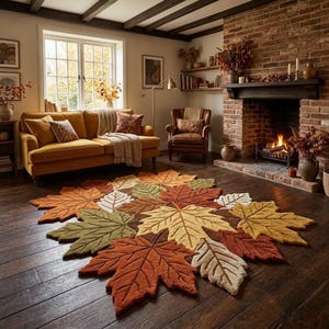 May include: A large area rug shaped like a cluster of overlapping autumn leaves in shades of burnt orange, golden yellow, olive green, and cream. The rug features detailed tufted veins on each leaf, creating a textured surface on the dark wood floor.