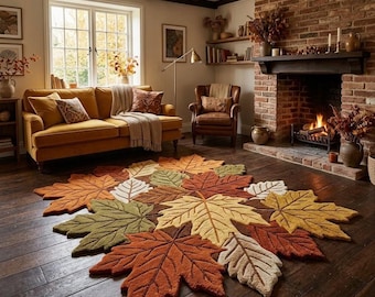 Autumn Leaf Rug, Hand Tufted Wool, Maple Leaf Area Rug, Fall Home Decor, Nature Botanical,Cozy Cabin, Thanksgiving Gift,Custom Size Rug 5x8.