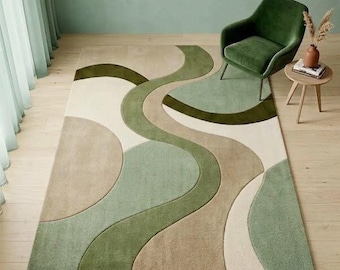 Abstract Wave Rug, Hand Tufted Wool Area Rug, Sage Green, Beige Modern Organic Rug, Bedroom, Living Room, Kids Room, Custom Size 6x9 8x10.