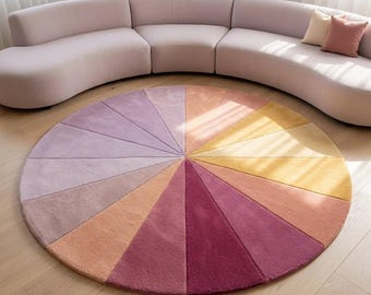 Round Pastel Geometric Hand Tufted Wool Rug, Modern Color Wheel Area Rug, Luxury Living Room Carpet, Custom Handmade Decor 4x4 5x5 6x6.