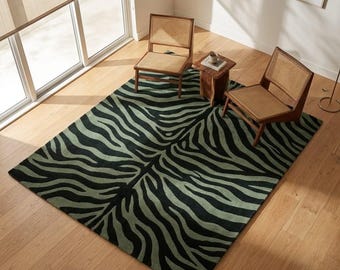 Black Green Zebra Rug, Hand Tufted Animal Print Area Rug, Modern Abstract Safari Rug, Bold Statement Rug, Custom Size Rug 8x10 9x12 10x14 .
