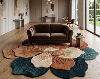 Hand Tufted Flower Rug, Floral Area Rug, Boho Botanical Rug, Abstract Petal Rug, Cozy Bedroom Living Room Decor, Custom Size Rug 9x12 10x14.