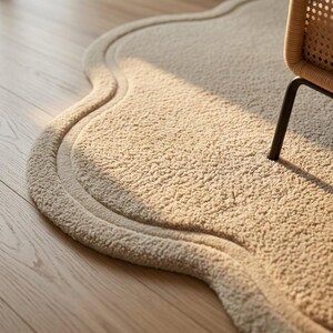 May include: A cream-colored, textured area rug with a soft, plush pile and a distinct scalloped, wavy edge. The rug features a raised border detail following the curved perimeter, resting on a light-toned wooden floor with a visible grain pattern.