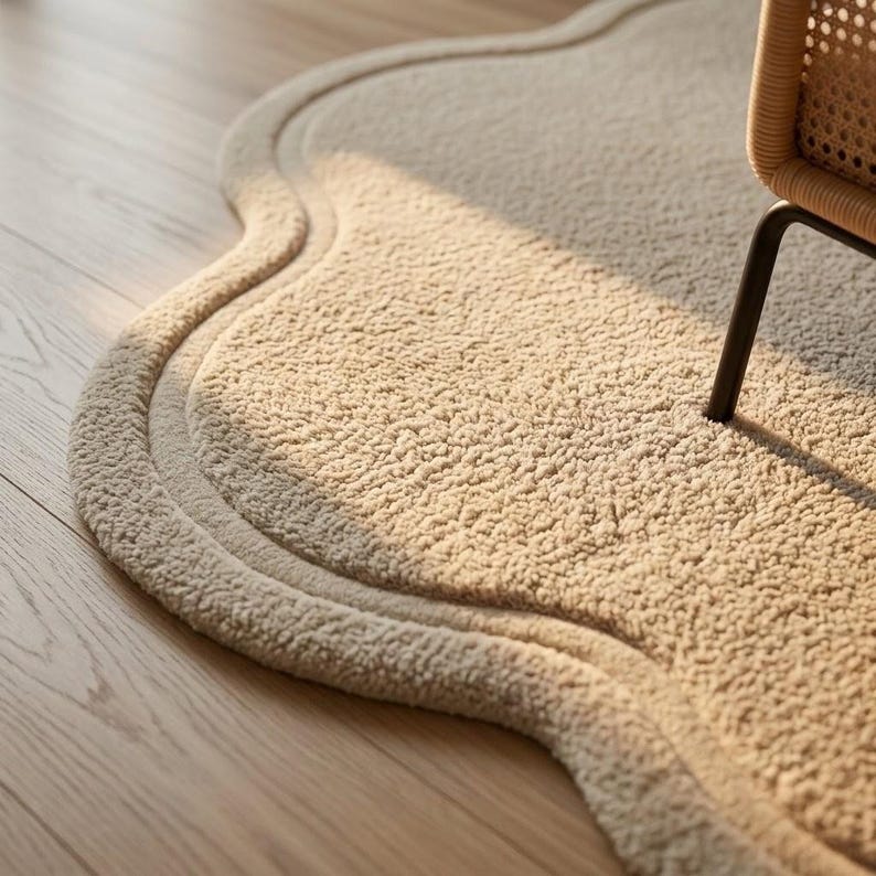 May include: A cream-colored, textured area rug with a soft, plush pile and a distinct scalloped, wavy edge. The rug features a raised border detail following the curved perimeter, resting on a light-toned wooden floor with a visible grain pattern.