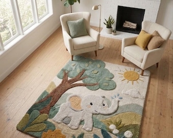Hand Tufted Elephant Kids Rug, Nursery Animal Area Rug, Cute Elephant Wool Rug, Playroom Rug,Woodland Elephant Carpet, Modern Children's Rug