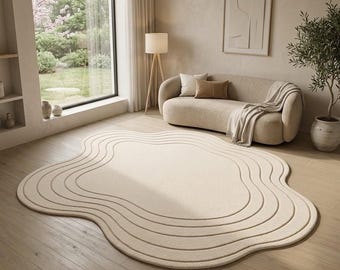 Organic Wave Rug,Hand Tufted Wool Area Rug,Neutral Beige Cream Abstract Wavy Rug,Modern Minimalist Decor, Bedroom Living Room, Custom Size.