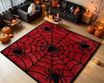 Red Spider Web Rug, Gothic Area Rug, Spooky Halloween Carpet, Goth Bedroom Mat, Creepy Cute Room Decor,Superhero Gamer Floor Rug, Cobweb Mat