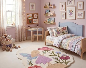 Fairy Kids Rug – Floral Butterfly Rug for Nursery, Playroom & Bedroom | Soft Wool Handmade Cute Pile Rug, Costom Size Area Rug 4x6 5x7 6x9 .