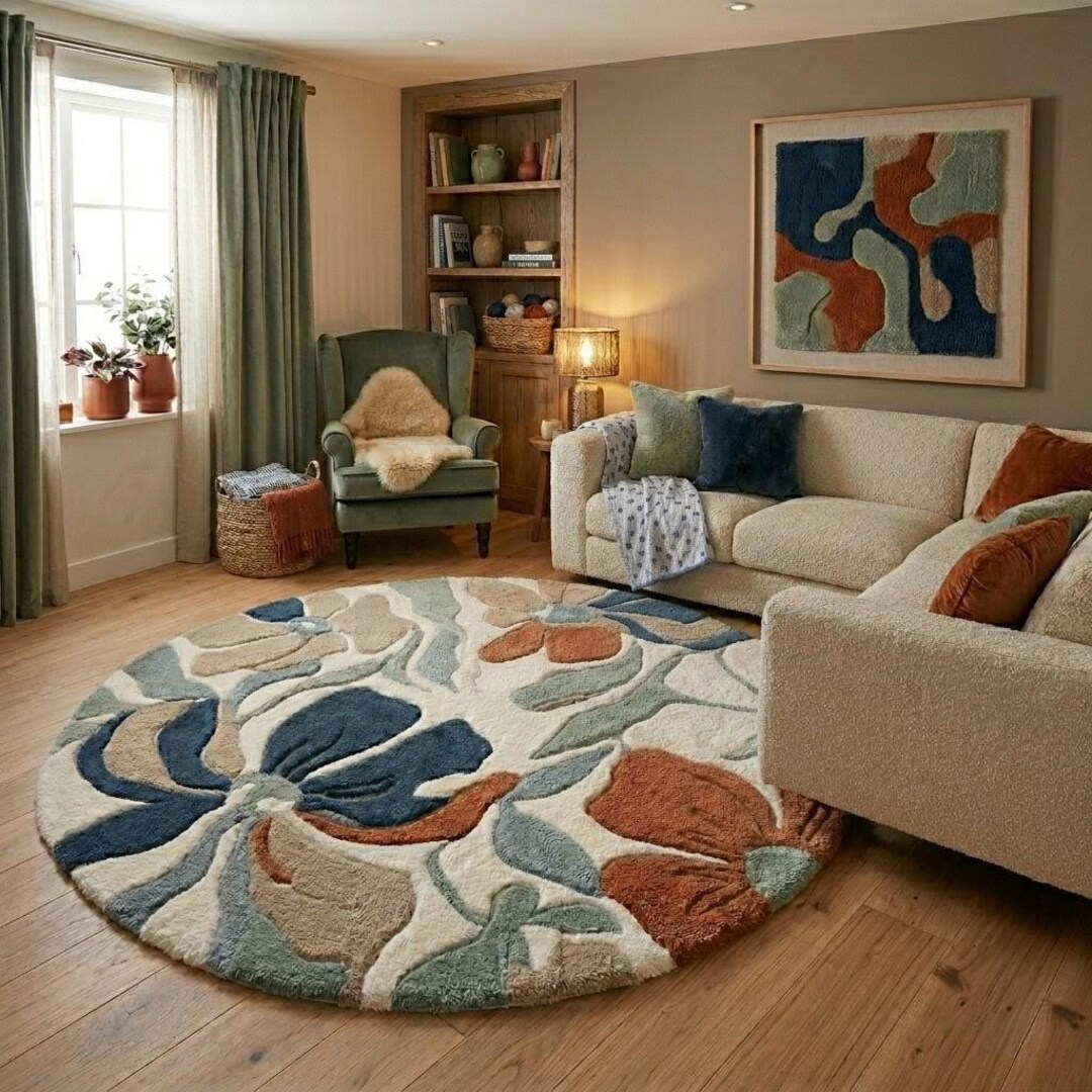 Luxury Round Floral Hand Tufted Rug, Modern Botanical Wool Area Rug ...