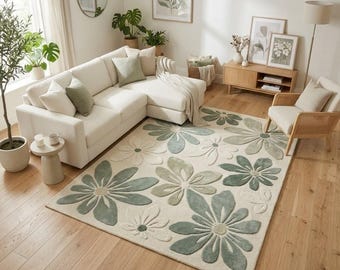 Green Floral Area Rug, Sage Botanical Wool Rug, Modern Flower Handtufted Rug, Living Room Rug, Bedroom Decor, Custom Size 4x6 5x7 6x9 8x10.