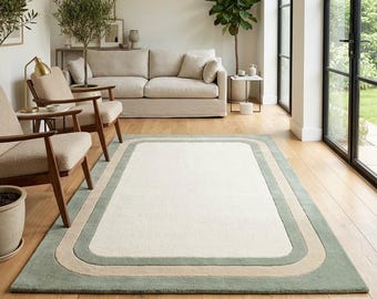 Sage Green Ivory Border Rug, Minimalist Contemporary Rug,  Living Room Decor,  Modern Hand Tufted  Wool Area Rug, Costom Size 5x7 6x9 8x10.