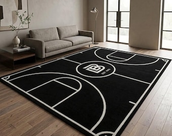 Basketball Court Rug, Hand Tufted Wool Rug, Sports Area Rug, Black White Hoop Floor Decor, Man Cave, Game Room,Gym Gift, Custom Size 8x10.
