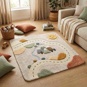 May include: A beige children's play rug with a road, mountains, and a smiling sun design. The rug features a winding road, a river, and colourful landscape elements in shades of green, yellow, and brown. A fun and decorative addition to a playroom.