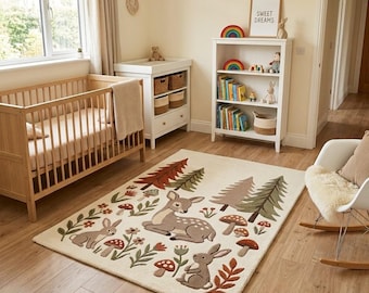 Woodland Deer Nursery Rug, Forest Animal Kids Room Rug, Hand Tufted Area Rug, Bunny Mushroom Nature Playroom Decor Gift  6x9 8x10 area rug .