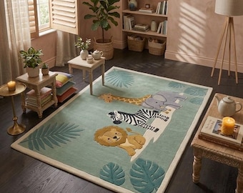 Jungle Animal Nursery Rug, Safari Kids Room Rug, Lion Zebra Giraffe Elephant Playroom Rug, living home Decore, custom size 5x7 8x10 9x12 .