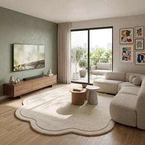 May include: A living room featuring a large, cream-colored, scalloped-edge area rug on a light wood floor. The space includes a curved beige sofa, two small cylindrical coffee tables, a long wooden media console, and a wall-mounted television.