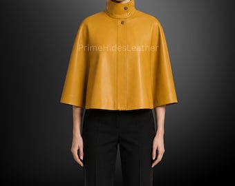 Cape en cuir de vachette véritable pour femme - Cape en cuir jaune moutarde - Poncho à col montant - Vêtements d'extérieur de luxe faits main